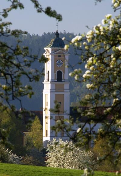 Blick auf die Pfarrkirche Mariä Himmelfahrt in Bad Birnbach
