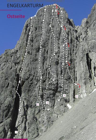 Die Mehrseillängen an der Engelkarturm Ostseite. Route 5 ist &quot;Nur noch Eine&quot; und gleichzeitig die Abseilpiste (rote Pfeile))