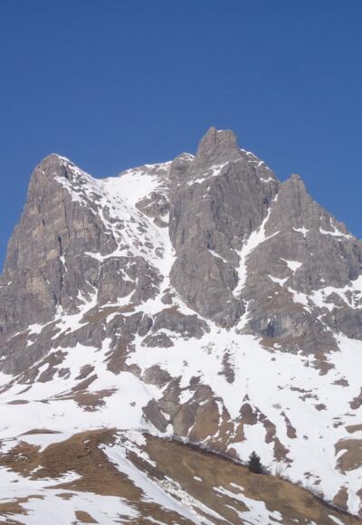 Widdersteingipfel (Bildmitte), die Aufstiegsroute verläuft durch die Schneerinne und das Schneefeld links unterhalb des Gipfels (im Sommer schneefrei!)