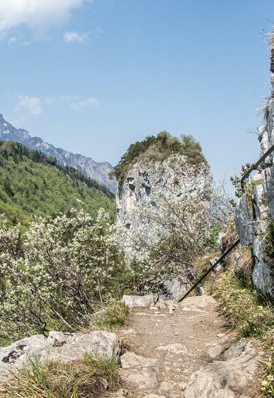 Stahlseile sichern den Weg auf den Kleinen Barmstein, im Hintergrund der große Barmstein