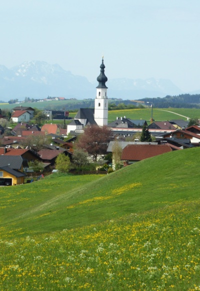 Das Gemeindegebiet von Köstendorf mit dem Hohen Staufen im Hintergrund.