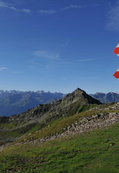 Wegweiser mit Blick zur Zamangspitze