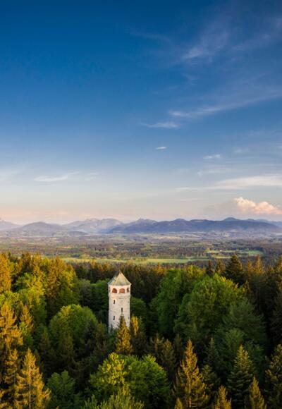 Blick auf Aussichtsturm und Alpenpanorama