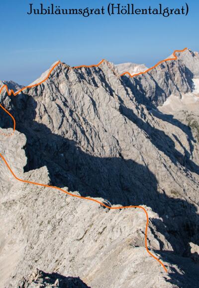 Jubiläumsgrat Übersichtsbild von der Alpspitze mit Route - Topo