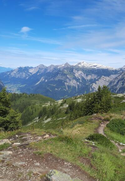 Ausblick am Gipfel Richtung Klostertal mit Roggelskopf und Roter Wand und auf den Abstieg Richtung Kristberg