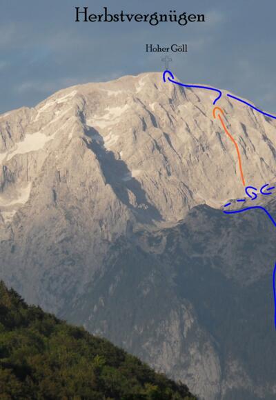 Herbstvergnügen - Göll Südwestwand Übersichtsbild mit Route - Topo