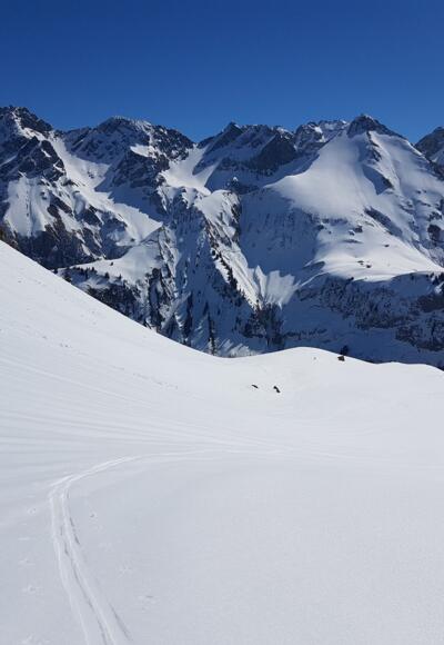Auf dem Weg ins Kühgund; hinten von links: Trettachspitze und Mädelegabel