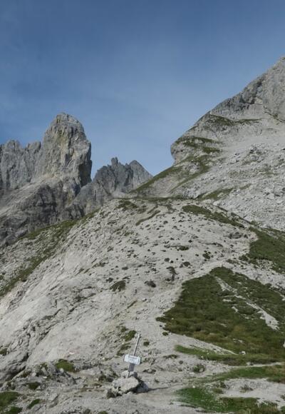 Ich bin am Steiglpass. Bis zur oberen Graskante muss ich gelangen