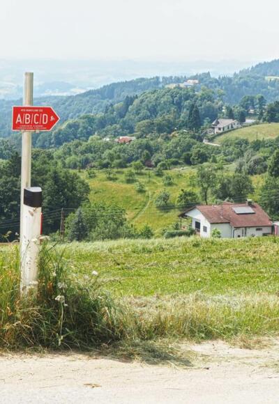 Wegweiser im Bereich des Köglerhofs. Im Hintergrund das Hügelland des unteren MÜhlviertels