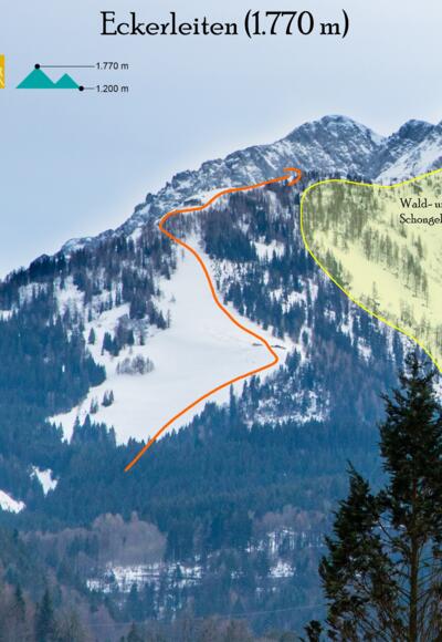 Übersichtsbild - Topo der Skitour Eckerleiten von der Roßfeldstraße.