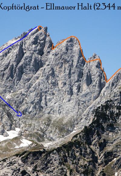 Kopftörlgrat auf die Ellmauer Halt im Wilden Kaiser - Übersichtsbild der Klettertour