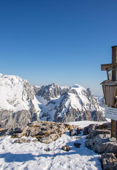 Gipfelkrez des "Schneiber" mit Brett und Göll im Hintergrund