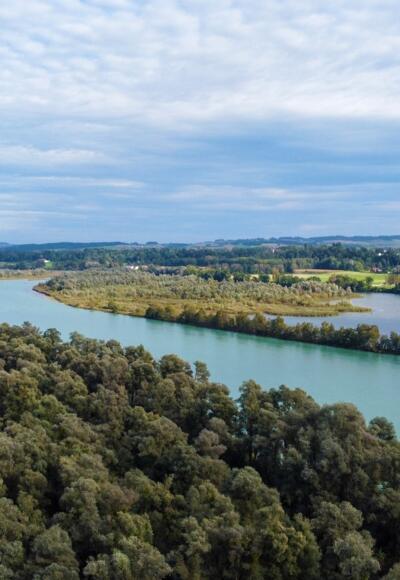 Um den Inn zu Gesicht zu bekommen, muss man ein Stück weit auf dem Damm laufen. Hier ein Blick von oben auf den Fluss, der Bayern hier von Österreich trennt.