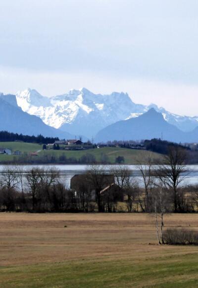 Weite Aussichten mit Blick über die Moorwiesen und den Wallersee bis hin zum Hochkalter.