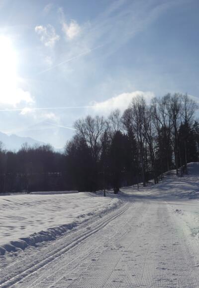 Sportplatzloipe mit Blick zum Kaisergebirge