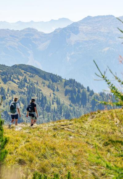 Wanderer am Weg zum Aussichtsberg Lackenkogel