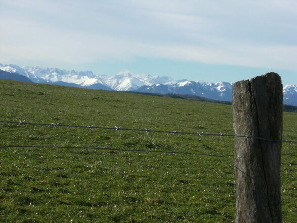 Blick von Otterfing in die verschneiten Alpen