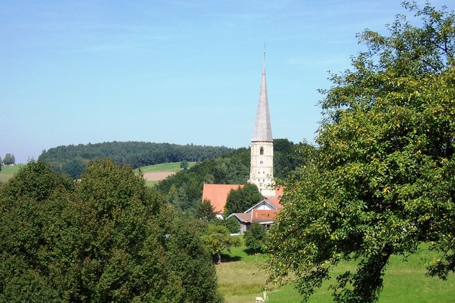 Blick auf die Wallfahrtskirche St. Alban in Taubenbach