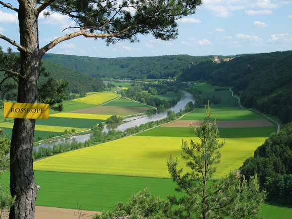Blick vom Rosskopf ins Altmühltal und zum Schloss Eggersberg bei Riedenburg