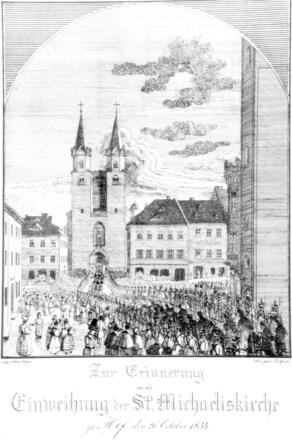 Erinnerungsblatt an die Neueröffnung der 1823 abgebrannten Michaeliskirche im Jahr 1834 von Friedrich Unger