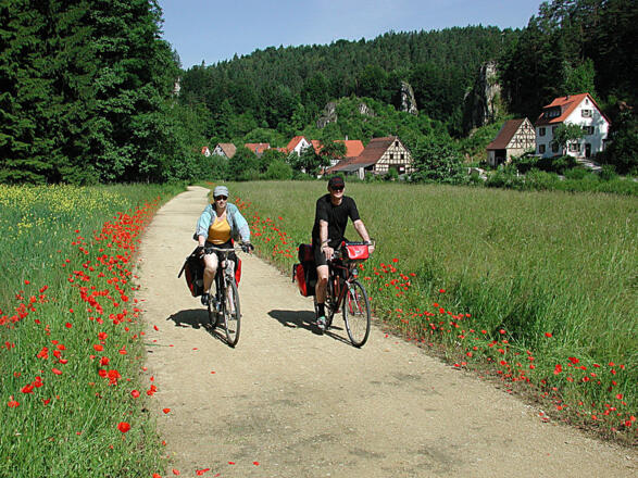 Radweg, Radler, Felsen, Fachwerk, Tal