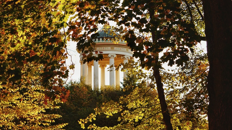 Englischer Garten Monopteros im Herbst Blätter enger Rahmen Querformat