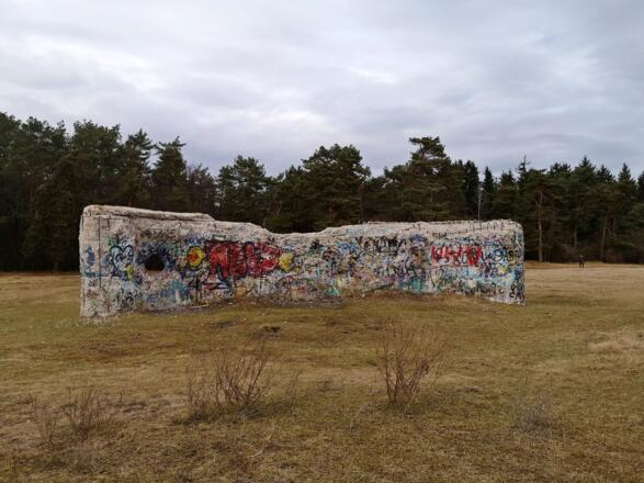 Die Münchner Panzermauer mit Blick auf das Hartelholz (fotografiert von der Dülferstraße aus kommend)