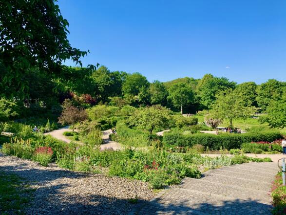Weg vom Theatron kommend und Blick auf die Beete