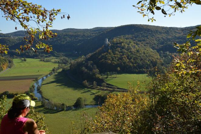 Blick von der Roten Leite über die Flussschleife der Wiesent zur Burgruine Neideck