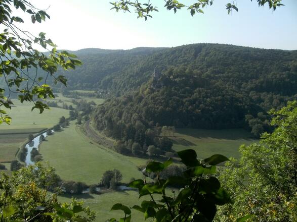 Blick von der Roten Leite über die Flussschleife der Wiesent zur Burgruine Neideck