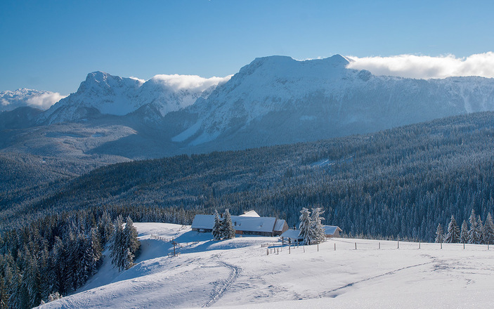Die Stoißer Alm im Winter, Hochstaufen und Zwiesel im HIntergrund