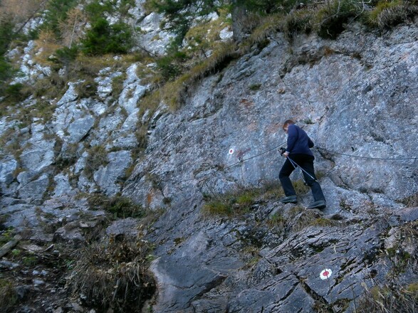 gesichertes Felsband des Alpeltalsteigs