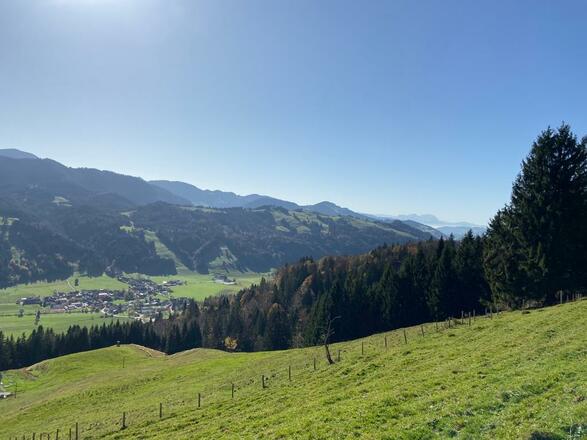 Blick nach Thalkirchdorf und die Schweizer Berge
