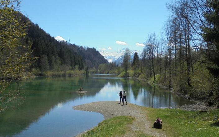 Frühling am Auwaldsee in Fischen im Allgäu. Im Hintergrund der Allgäuer Hauptkamm