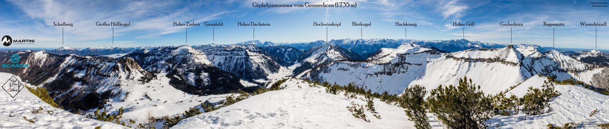 Gipfelpanorama vom Gennerhorn im Winter.