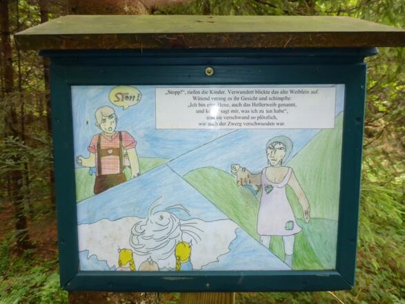 entlang des Weges finden Kinder selbstgemalte Märchen