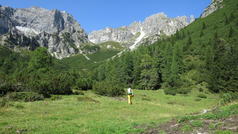 ... in die Roßgrube (1855 m). Durch das Tal in Bildmitte verläuft der Abstieg von der Alpenklubscharte. Rechts oben der Steingrubenkogel, links die Ochsenwand.