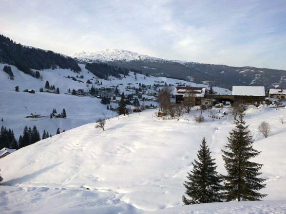 unser Hof im Winter - Blick vom Spazierweg