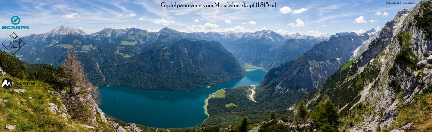 Panorama vom Mooslahnerkopf auf den Königsee und die darüberliegenden Berge