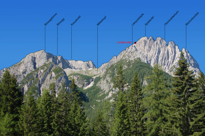 Spitzkofel mit Linderhütte vom Parkplatz der Dolomitenhütte