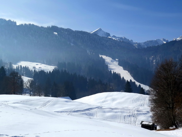 Blick von den Kochelbergwiesen auf das Hausbergskigebiet