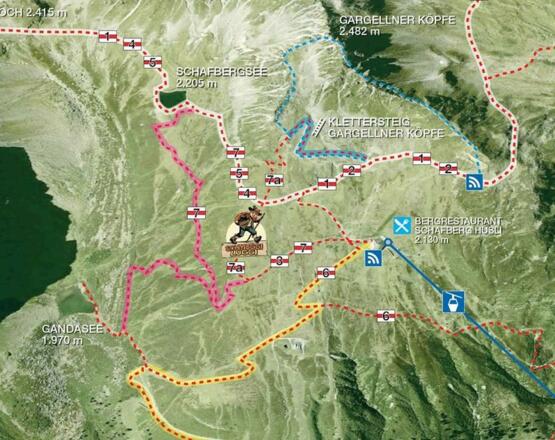 Der rot schaffierter Weg nur beschränkt begehbar