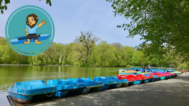 Rudern am Bootsverleih am Kleinhesselohersee mit Maskottchen