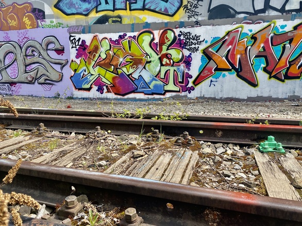 Im Vordergrund: Stillgelegte Gleise; im Hintergrund: Bahnhofsmauern voller Graffiti
