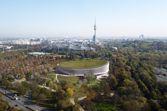 Blick aus der Luft über den Olympiapark mit SAP Garden