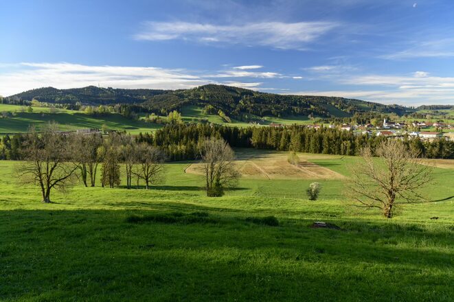 Blick auf Maierhöfen und Riedholzer Kugel