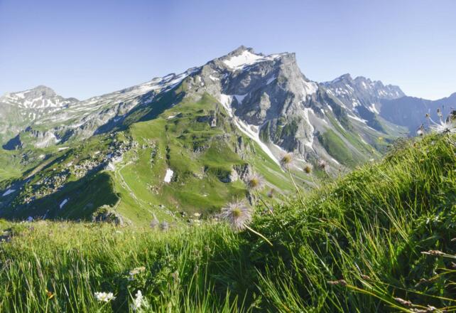 Blick vom Augstenberg auf die Pfälzerhütte und den Naafkopf