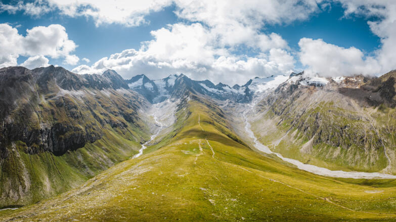 Blick von der Hohe Mut Alm ins Gaisberg- und Rotmoostal