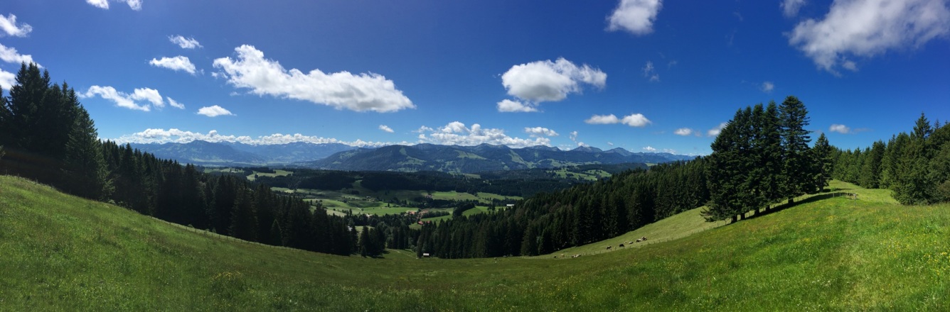 Auf dem Hauchenberg, Blick Richtung Süd-West, Allgäuer Hauptkamm, Nagelfluhkette und rechts das Alpsteingebiet (Ostschweiz)