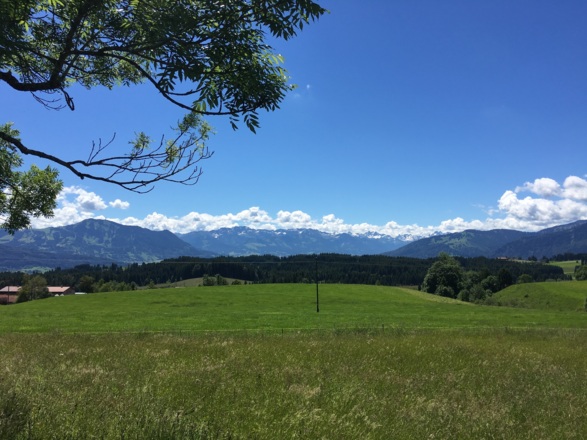 Richtung Süden mit Grünten (links) dem „Wächter des Allgäus“, Mitte Allgäuer Hauptkamm und rechts der Mittag mit Steineberg